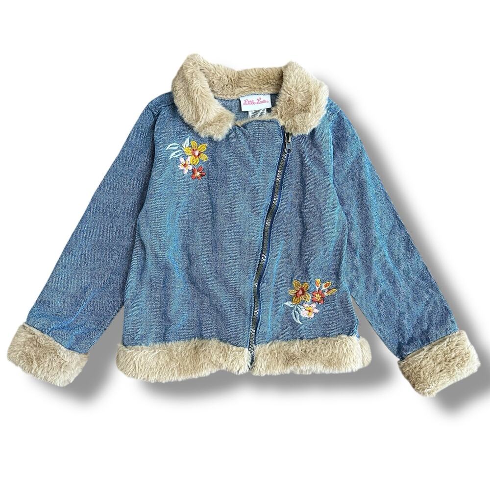 Little Lass Toddler Girls 4 Denim Jacket Faux Fur Trim‎ Embroidered Flowers Coat